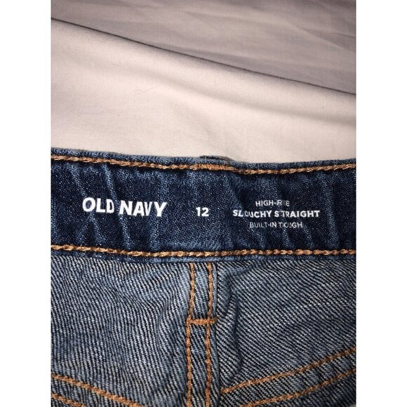 Old Navy High Rise Slouchy Straight Jeans Girls Size 12 Dark Wash Blue Distress - Picture 2 of 8